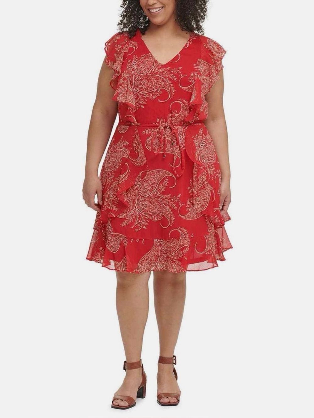 Tommy Hilfiger Paisley Print Dress Flutter Sleeve Fit Flare Red Ivory 22W NEW